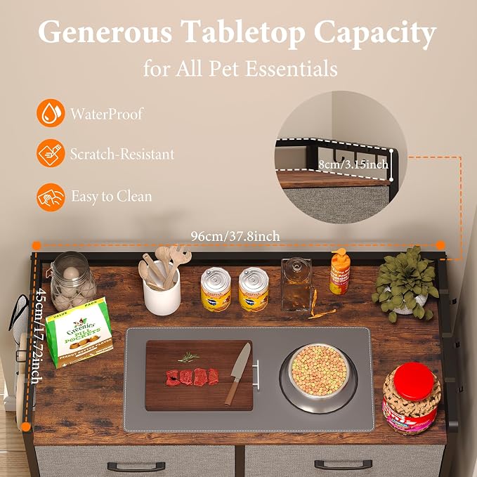 Extra Large Pet Storage Rack, Dog Food Storage Station with 3 Multi-Purpose Drawers & Side Hooks, Industrial Furniture Style Pet Supply Organizer, Fits Big Rolling Food Bins, Grey & Black