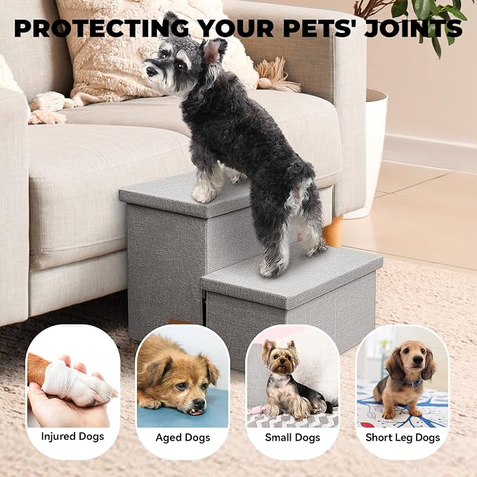 Zerbuger Dog Stairs with Storage, Grey 2 Steps Dog Ramp no Condo for Bed | 12" H Wider Dog Steps for Beds Couch, Folding Storage Pet Stairs Gift for Climbing Small/Medium/Large Old Dogs Cats