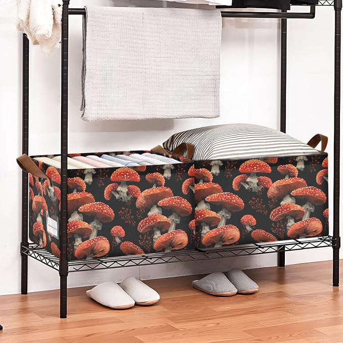 Red Mushrooms Amanita Mushroom Storage Basket Foldable Cube Storage Bins with Handles&Label Waterproof Organizer Box Bin Large Rectangle Decorative Baskets for Shelves Home Room Laundry, 2 Pack