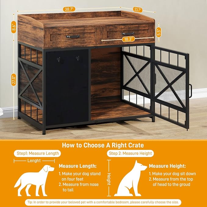 Dog Crate Furniture, 38 Inch Dog Kennel Indoor Furniture with Storage Drawers and Adjustable Foot Pads, Wooden Pet Cage End Table with Rotating Wheels and Blackboard for Small Medium Large Dogs