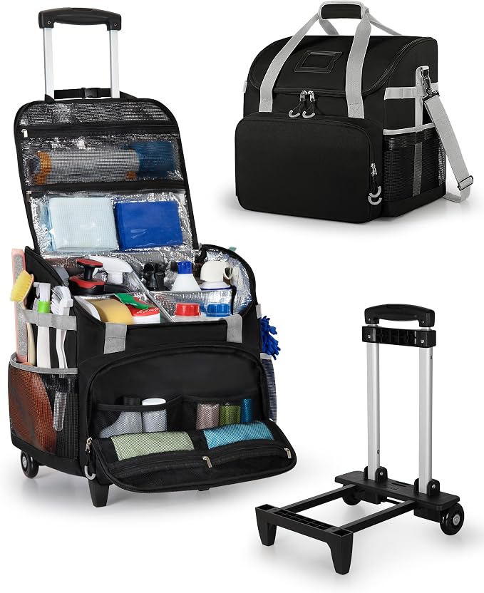 Marscamd Large Rolling Cleaning Caddy Bag with Detachable Trolley, Black | with Detachable Shoulder Strap, Cleaning Bags for Housekeepers on Wheels