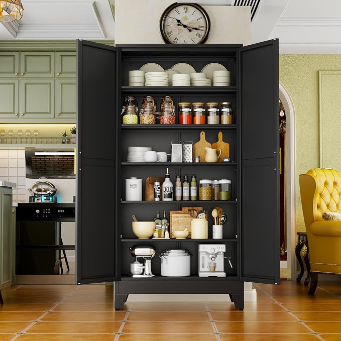 Black Metal Storage Cabinet,75" Steel Cabinets for Home Office | Kitchen Pantry Storage Cabinet with Doors and 5 Adjustable Shelves, Tool Cabinets, for Office, Home, Garage, School, 36W