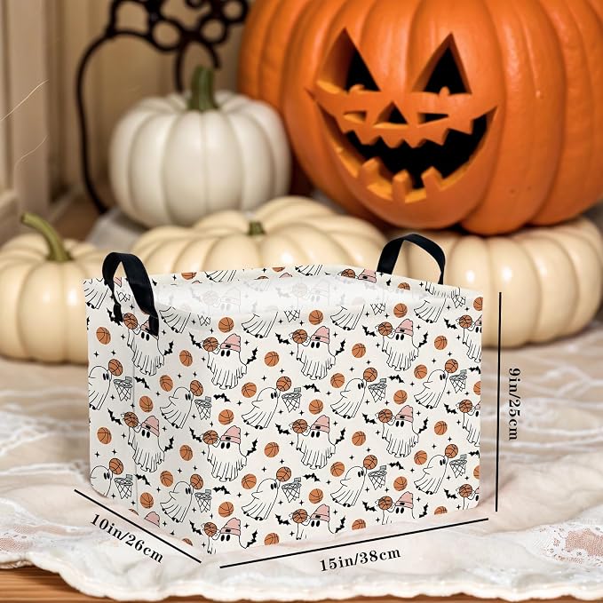 Large Halloween Basket Gift Cute Ghost Parties Decor Kid Trick or Treat Basket for Boys and Girls Rectangular Storage Bin Box (Ghost Basketball)