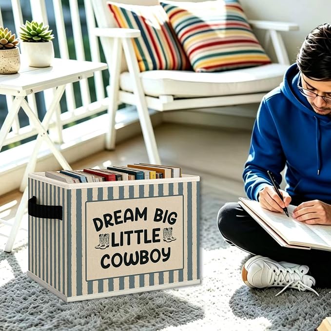 Western Cowboy Nursery Cube Storage Bins with Handles, Dream Big Little Cowboy Boys Collapsible Fabric Storage Basket Boxes Books Clothes Organizer for Kids Boy Nursery Bedroom Bathroom