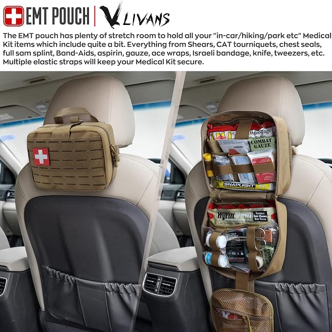 LIVANS Medical Bag, First Aid Bag Empty for Emergency & Trauma Kits | Molle Quick Release Design, Headrest Mount, Includes Flag and Cross Patch,Versatile for Tactical, Camping, Hiking and Travel