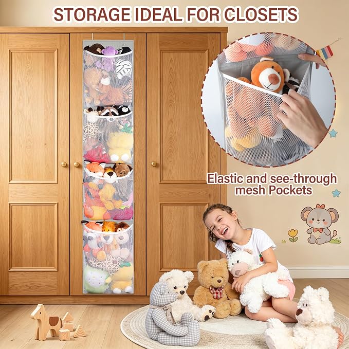 Stuffed Animal Storage Over Door, Hanging Plush Toy Organizer Holder | Gray Baby Doll & Bear Accessory Storage Idea, 12 Inch Wide Mesh Bag, Bi-Fold Behind Door Nursery Closet Girl Boy Kid Room
