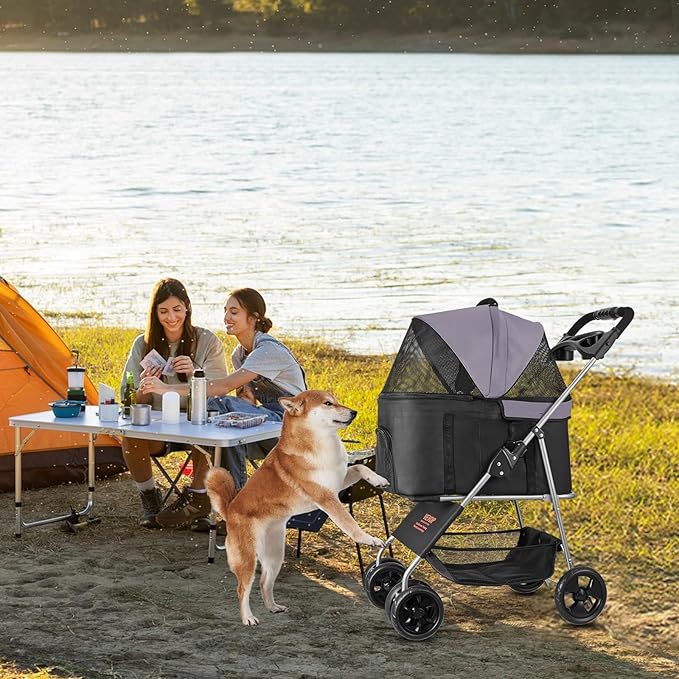 VEVOR Pet Stroller, 35 lbs Weight Capacity, Foldable Dog Stroller Cart, 4 Wheels Cats Strollers with with Detachable Carrier & Mesh Windows, Portable Design with Brake for Small to Medium Pets