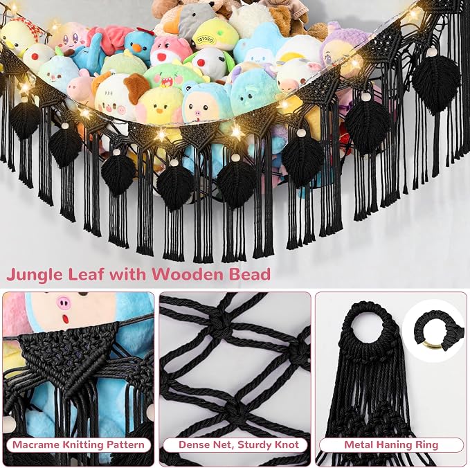 82.7x59x59 Inch Jumbo Stuffed Animal Storage Hammock Corner Toy Net, Black | Macrame Leaf Hanging Stuffed Animal Net Organizer for Stuffy Plush,Toy Hammock Holder w/Star Lights,Nursery Room Decor Gift
