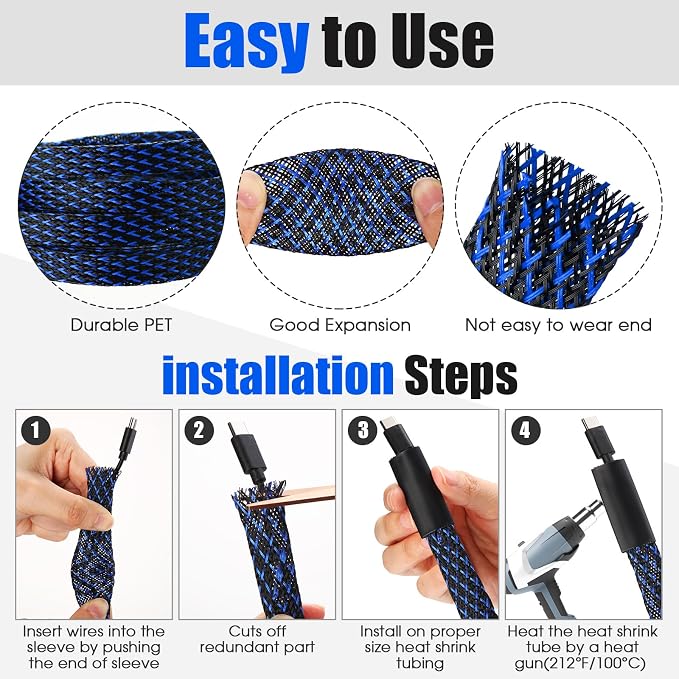 Tatuo 65.6 ft Braided Cable Sleeve Expandable Wire Sheathing(Blue, Black) | with 120 Heat Shrink Tubing 1/4 in 2/5 in 1/2 in 3/4 in Wire Sleeve Cord Management for Television Audio Computer Video Pets