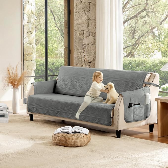 Boho Quilted Grand Sofa Covers Washable, Couch Cover for Grand Sofa, Soft Cozy Couch Protector for 4 Cushion Couch, Oversized Grand Sofa Slipcovers Water-Repellent (Grand Sofa 88", Gray)