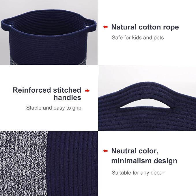 Cotton Rope Blanket Basket, 72L Tall Laundry Hamper, Navy Blue