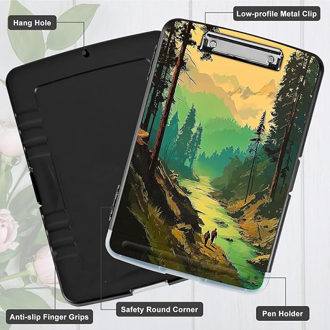 A4 Clipboard with Storage Pen Holder, Clipboards Organizer Nursing Clipboard Foldable File Folder Plastic Clipboard Folio Clip Board for Office Work Classroom Doctor, Green Forest Creek