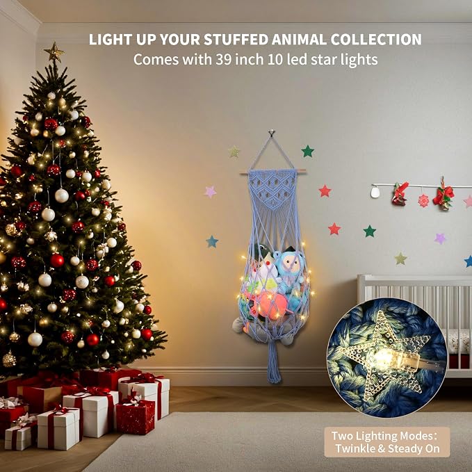 63 Inch Stuffed Animal Storage Hammock Corner, Stuffy Plushie Net,Blue | Wall Ceiling Over Door Hanging Toy Hammock for Stuffed Animals,Plushies Organizer w/ Star Lights,Nursery Kid Room Decor Gift