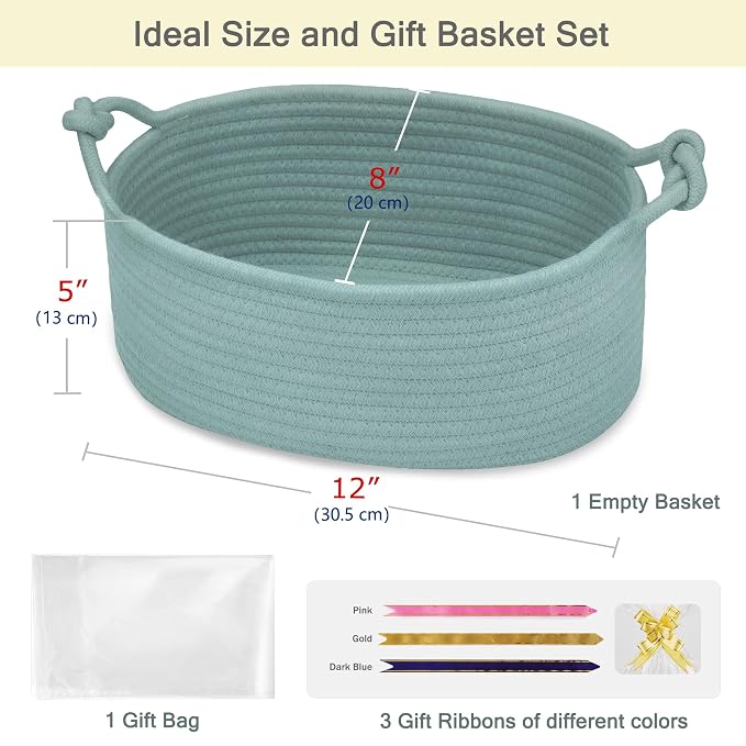 Small Empty Gift Basket with Bag & Ribbons, Light Green | 12“x8”x5”, Cotton Rope Woven Basket for Birthdays, Baby Showers, Mother's Day, Christmas; Stores Small Items, Kids & Pet Toys