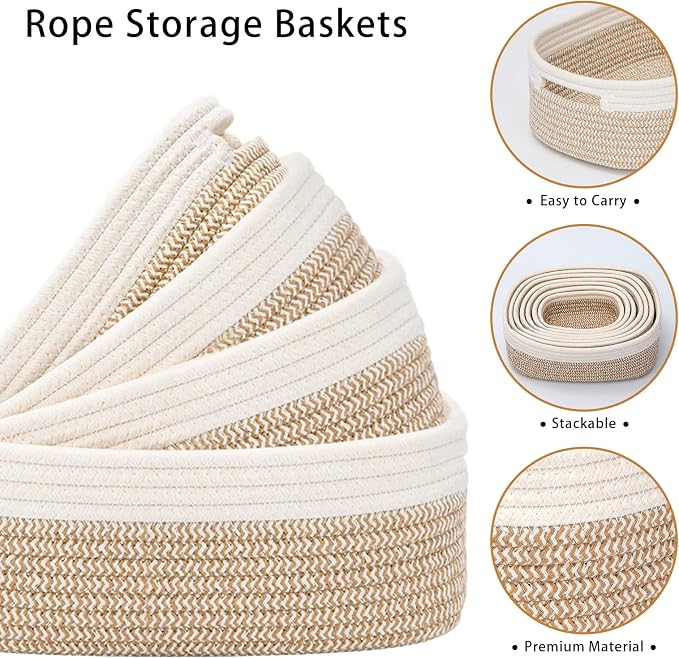 7 Piece Cotton Rope Woven Basket Set - Small Basket for Baby Nursery, Pets, Montessori, Dog & Cat Toy Boxes, Bathroom Organization Bins (White/Brown)