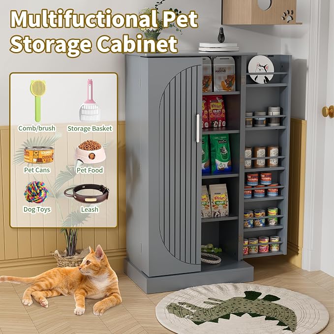 Saudism 47" Dog Food Storage Cabinet with Adjustable Shelves, Walnut | Freestanding Pet Storage Container Organizer for Living Room and Dinning Room