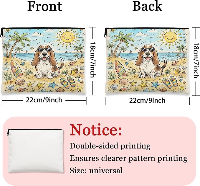 Cute Basset Hound Dog Makeup Bag, Coastal Beach Shells Cosmetic Travel Pouch for Women, Portable Small Canvas Zipper Organizer, Pet Toiletry Bag 7x9 Inch