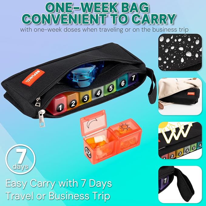 Monthly Pill Organizer, Medicine Organizer Box with Portable Hard Shell and Pill Cutter, 31 Day Pill Holder with Weekly Pill Bag (Blue, 2 Times a Day)
