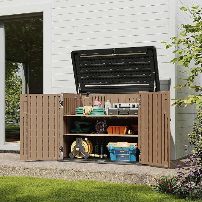 Aoxun Outdoor Storage Cabinet 35 Cu.Ft Outdoor Trash Can Storage Shed,Brown | Waterproof Horizontal Storage Shed Outdoor Storage for Garbage Bin, Generator, and Lawn Mower