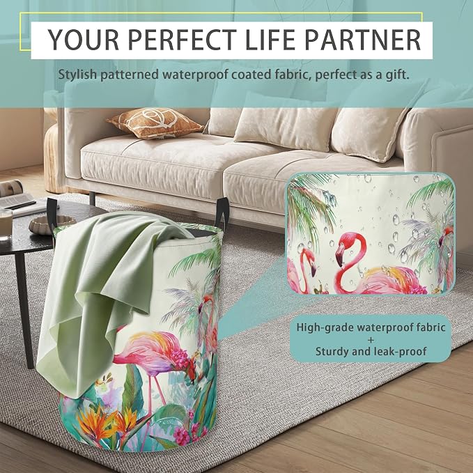 Laundry Basket With Handle, Dirty Clothes Laundry Hamper, Oxford Cloth Bin Storage Organizer for Toy Collection (Palm Tree Flamingo)