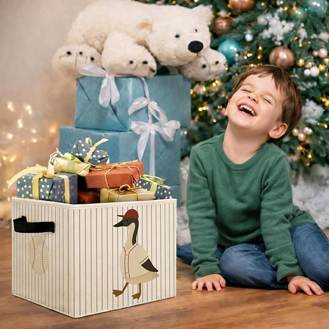 Baseball Goose Storage Bin, Foldable Fabric Basket for Kids Room | Foldable fabric storage bin with sports goose design for toys, books, clothes, nursery, bedroom, and playroom use.