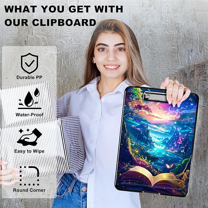 Book Mountains A4 Clipboard with Storage Pen Holder, Clipboards Organizer Nursing Clipboard Foldable File Folder Plastic Clipboard Folio Clip Board for Office Students Classroom Doctor