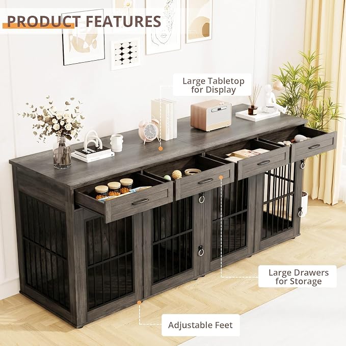 VOWNER 87" Dog Crate Furniture for 2 Dogs, Double Dog Cage Furniture, Grey | Extra Large Wooden Dog Kennel with 4 Drawer, Removable Divider, Furniture-Style TV Stand, XXL Dog Crate for Large Medium Dogs