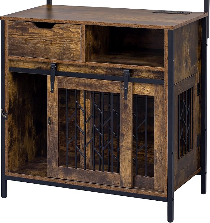Furniture Style Dog Crate Desk Hutch, Multifunctional Pet Cabinet with Charging Station, Entryway Organizer, Rustic Brown 31.5"x16.5"x59.1"