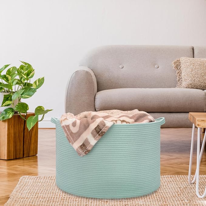 Large Cotton Rope Blanket Basket, 87L Laundry Hamper, Light Green