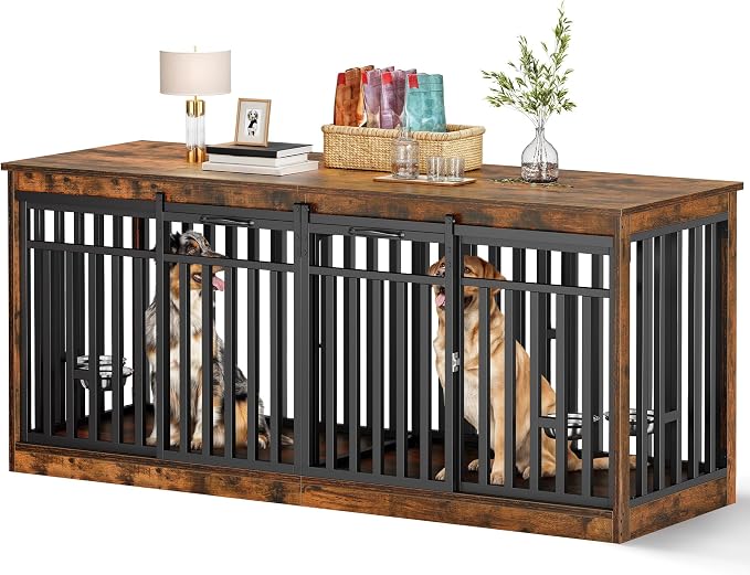 DWVO 71" Double Dog Crate Furniture for 2 Medium Dogs with Dog Bowls | Heavy Duty Wood Dual Dog Kennel TV Stand with Sliding Doors, Decorative 2 Dog Cage Table for Extra Large Dogs Rustic Brown