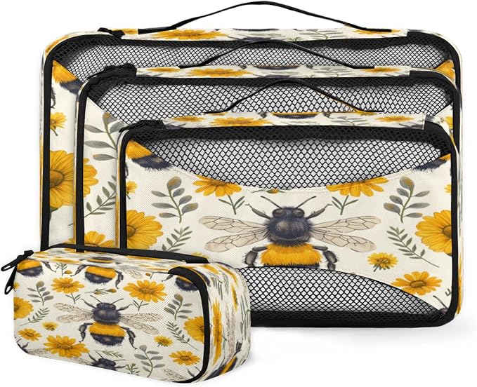 4 Set Packing Cubes for Travel, Bumble Bee Packing Cubes for Women, Travel Luggage Packing Organizers, Packing Cube Set, Honeybees Flowers