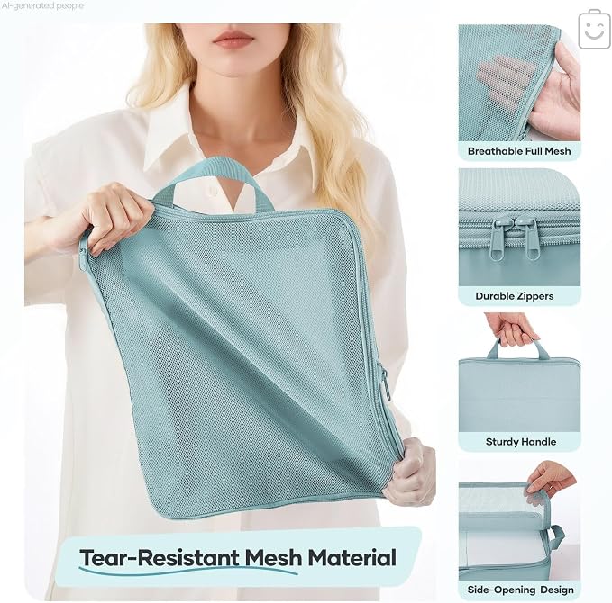 Veken 9/11 Set Compression Packing Cubes Garment Bags for Travel Essentials,Compressible Expandable Luggage Organizer Bags for Clothing,Space Saver Bags with Over 1000 pcs of Mesh Holes(Blue Gray)