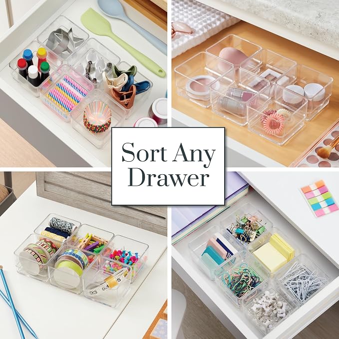 STORi SimpleSort 6-Piece Stackable Clear Drawer Organizer Set | 3" x 3" x 2" Square Trays | Small Makeup Vanity Storage Bins and Office Desk Drawer Dividers | Made in USA (Pack of 2)