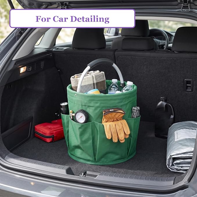 17L Cleaning Caddy with Handle, 600D Oxford Cleaning Supply Caddy with 6 Pockets, Foldable Tool Bucket Organizer for Housekeeping, Gardening, Car Detailing, Traveling, Camping, Green