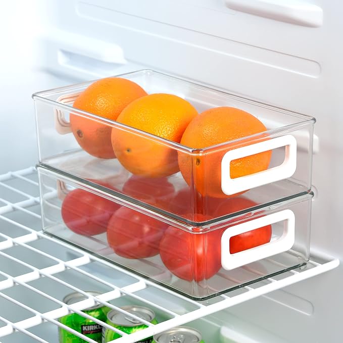 Youngever 4 Pack Stackable Plastic Storage Organizer Container Bins, Stackable Storage Bins with Handler for Refrigerator, Pantry (10" x 6" x 3")