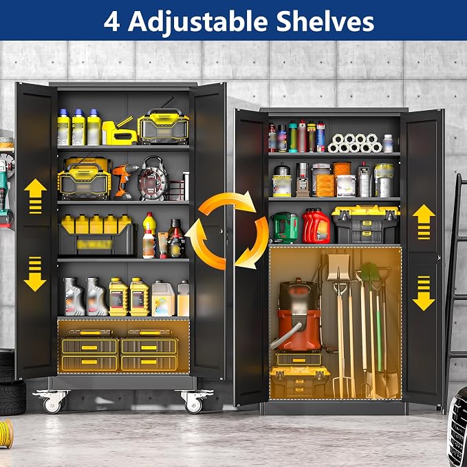 Ckzbx Metal Garage Storage Cabinet with Locking Doors and Adjustable Shelves,71" H Rolling Tool Storage with Wheels for Garage,Office (Black)
