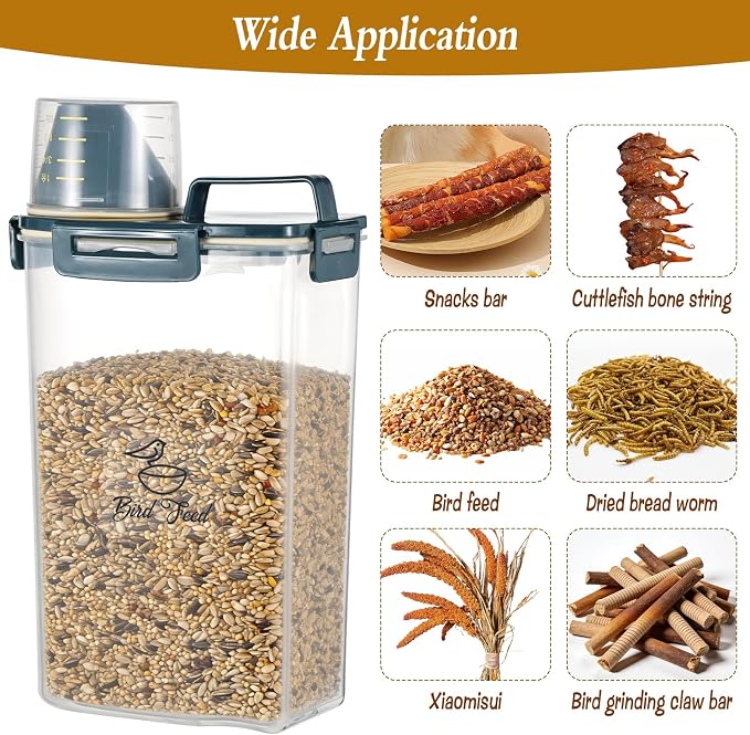 2 Pcs 3.17 Qt/3 L Bird Seed Storage Container Airtight- Portable Bird Food Container with Airtight Measuring Cup, Clear Pet Parrot Seed Dispenser for Birds Food Chicken Feed Storage, Blue Lid