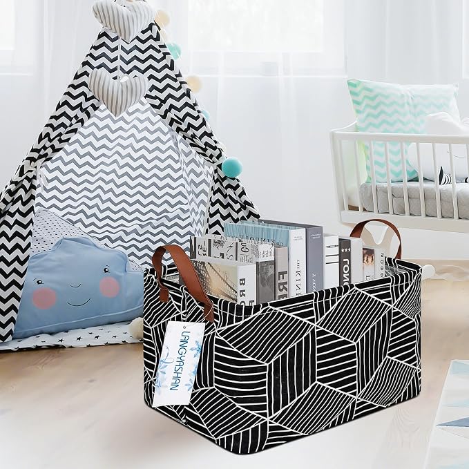 Rectangular Collapsible Storage Basket Nursery Organizer Black diamond | Storage Bin Foldable Canvas with Handles for Organizing Home Kitchen Children Toys Office Closet Shelf Baskets