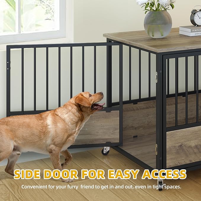 DWVO 43 Inch Dog Crate Furniture with Wheels & with Double-Doors | Dog Kennel Indoor Furniture End Table Dog Crate for Dogs, Farmhouse Decorative Wooden Dog Cage Table, Chew-Resistant, Greige