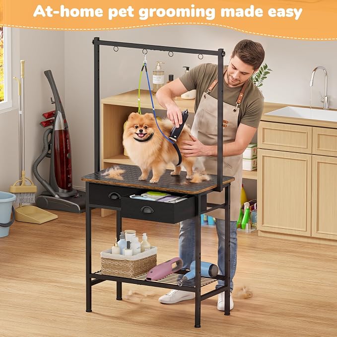 Cutogxon Dog Grooming Table for Small Dogs at Home | Adjustable Height Pet Grooming Table with Double Drawers,Mesh Tray,Non-slip Removable Washable Mat and EVA Protective Lanyard