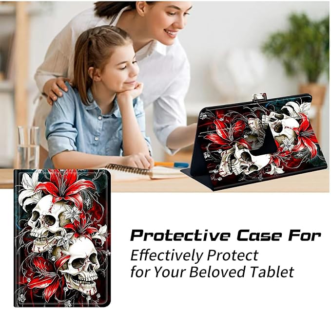 Universal Case for T-Mobile Revvl Tab 2 10.1" Model:9185W 2025/Revvl Tab 5G 10.36" 2023, 360 Degree Rotating Kickstand Protective Stand Leather Shell Cover for 9"-10.5", Red Lily Skull