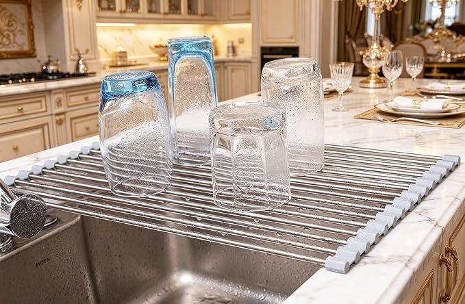 Ahyuan Roll up Dish Drying Rack Over The Sink Kitchen Roll up Sink Drying Rack Portable Dish Drainer Foldable Dish Drying Rack (Warm Gray, 17.8''X11.8'')