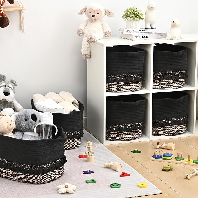 3 Pack Storage Basket for Shelves, Boho Cotton Rope Storage Bins with Heavy Tassel, Shelf Baskets Large Woven Baskets for Organizing, Cube Organizer Bins, Baby Laundry Basket for Clothes, Toys, Pets