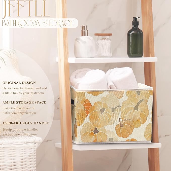 Fall Pumpkin Storage Bins with Handles, Fall Room Decor, Rustic Farmhouse Autumn Harvest Pumpkins Collapsible Laundry Basket Storage Box for Home Bedroom Bathroom Clothes Toys Books