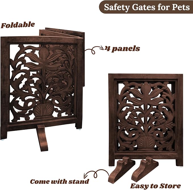Lightnpro 4-Panel Wooden Dog Gate – 72 Inch Extra-Wide Foldable Freestanding Pet Barrier, Rustic Burnt Finish Indoor Safety Fence for Small Dogs & Puppies – 24x18 Inch Panels