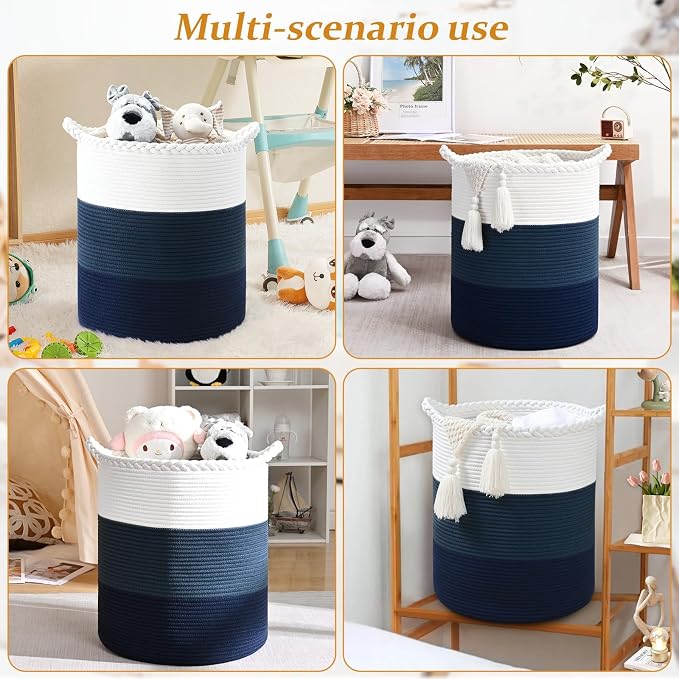 Laundry Hamper for Organizing, 52L Large Laundry Baskets, Cotton Rope Woven Blanket Basket, Collapsible Laundry Hamper for Living Room, Nursery, 15"×18", Dark Blue