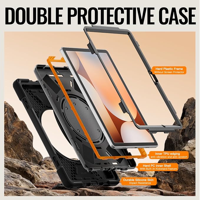 Rugged Protective Case Compatible with Samsung Galaxy Tab A11 Plus/A11 + 11" 2023 SM-X230, Military-Grade Shockproof Cover with 360° Rotating Stand & Built-in Screen Protector (Black)