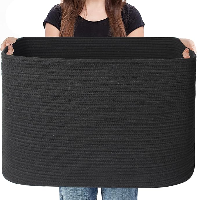 Large Black Basket for Blankets, 108L Rectangle Blanket Storage for Living Room, Jumbo Woven Rope Storage Basket, Oversized Kids Dog Toy Bin Box, Throw Pillow Holder Organizer, 25"x16"x16"