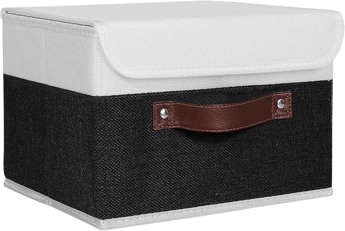 ANMINY Fabric Storage Box Bins with Lids, Black White, 10"x8"x7" | Keepsake Memory Storage, Cotton Linen, PP Board Reinforced, Washable, PU Handles, Foldable & Stackable, Decorative, Small