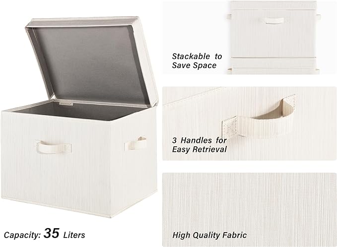 StorageWorks Fabric Storage Bins with Lids, Closet Storage Bins | Flip-Top Lid, 3 Handles, Collapsible, Stackable, for Clothes Blankets, Multi-Purpose, Jumbo, White & Ivory, 2-Pack